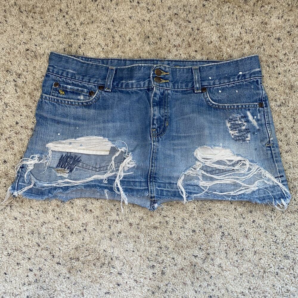 Abercrombie & Fitch Denim Mini Skirt Womens Blue Sz 10 Distressed Retro 90s/Y2K